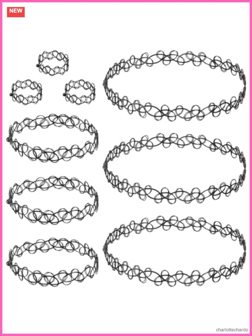 Tattoo Choker Necklace Bracelet Ring Set 9pc Stretch Grunge